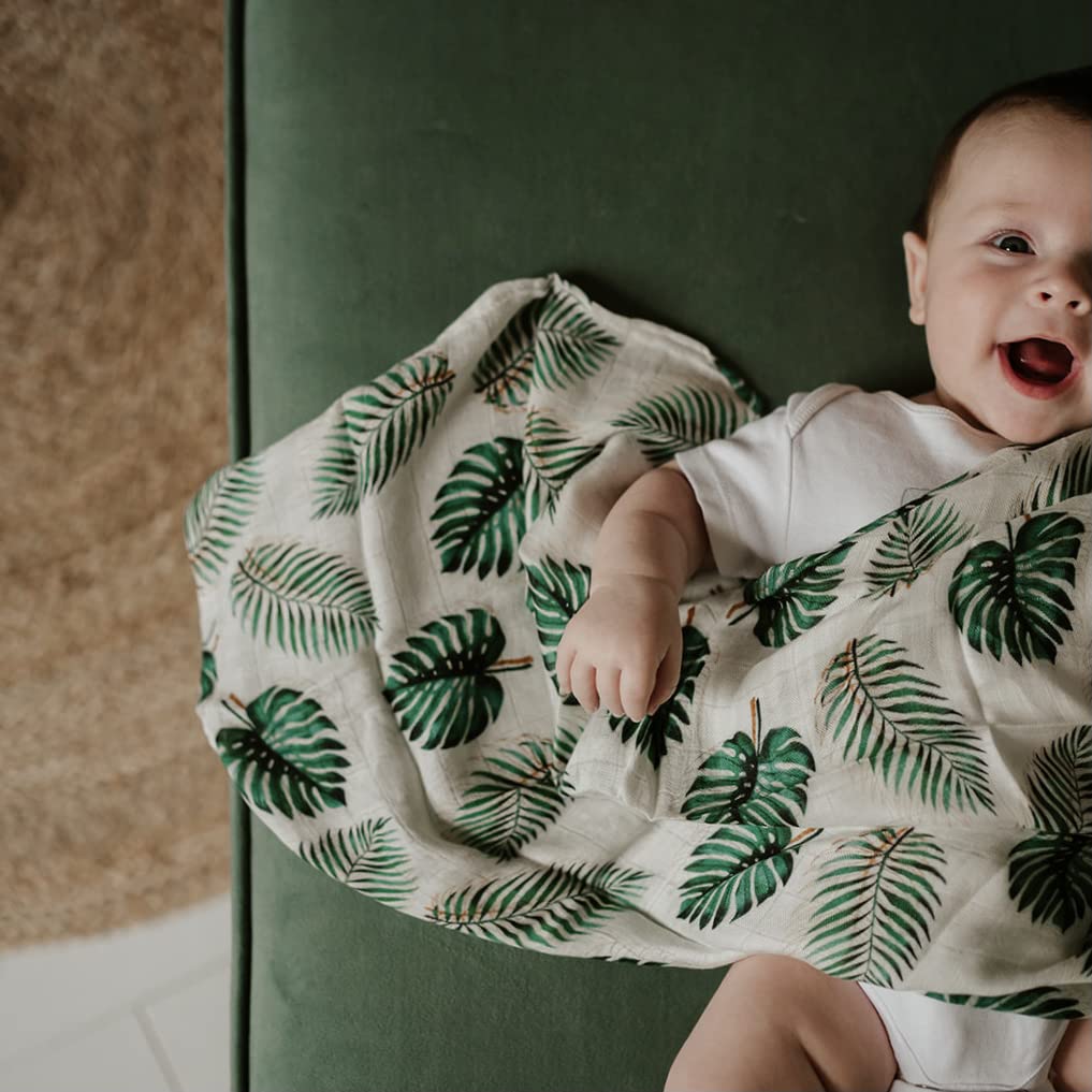 Monstera Leaf Baby Muslin Square with Enamel Mama Pin Badge - 100% Bamboo - 60cm Square - Super Soft Fabric