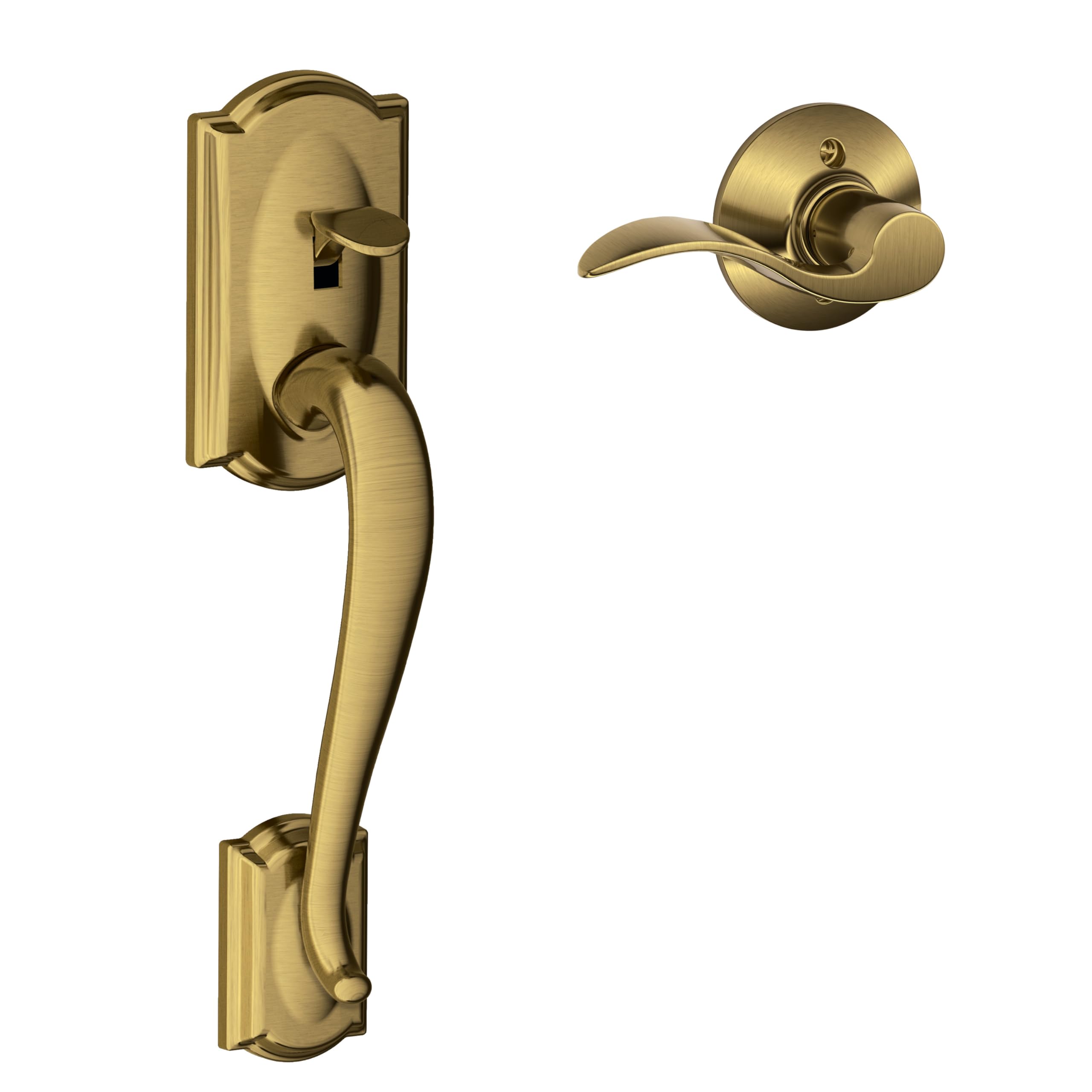SCHLAGE FE285 CAM 609 Acc LH Camelot Trim Lower Half Front Entry Handleset with Accent Left Hand Lever, Antique Brass