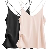 Ekouaer Womens 2-Pack Silk Satin Camisole Tank Top V Neck Sexy Cross Back Spaghetti Strap Cami Sleeveless Lounge Tops S-XXL