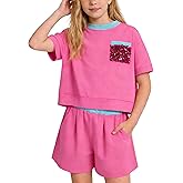 Latnnut Girls' Summer Shorts Set 2 Piece Clothes Outfits Cute Drop Shoulder T-shirt & Short Set for 5-12 Years