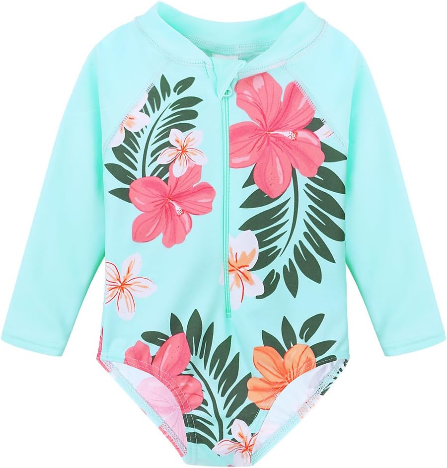 HUAANIUEGirls One Piece Swimsuit Flower Swimwear Long Sleeve UPF 50+ UV Sunsuit with Zipper 4-11Y Swimming Clothes