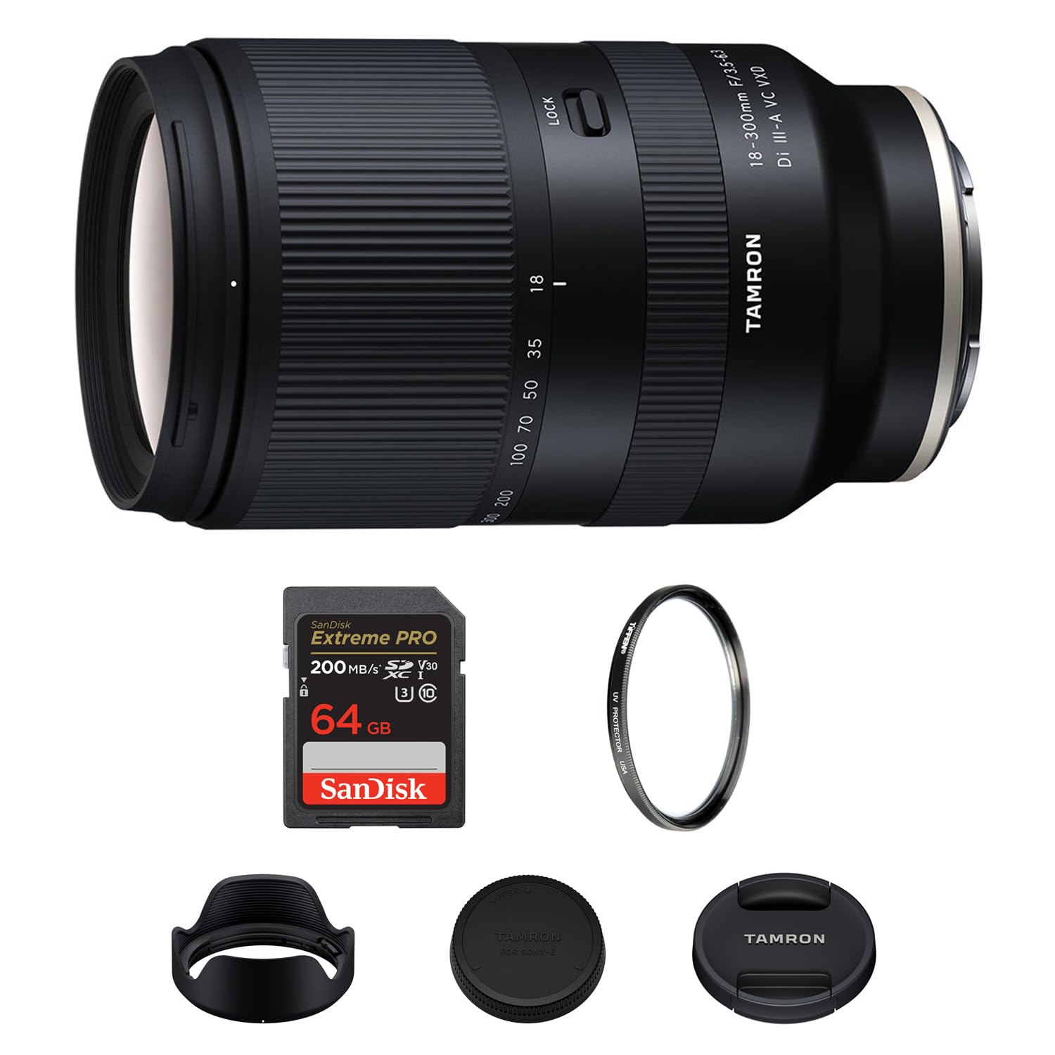 Tamron 18-300mm f/3.5-6.3 Di III-A VC VXD Lens for Sony E 64 GB Card Bundle