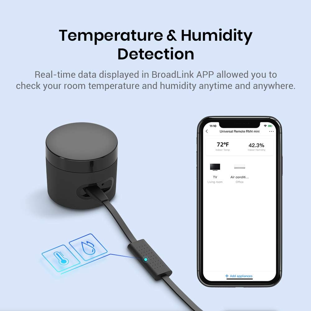 BroadLink RM4 mini Smart Remote and Sensor Cable Set RM4 mini S, Universal IR Remote Control Hub with Temperature Humidity Monitor USB Cable, Compatible with Alexa, Google Home, IFTTT - - 