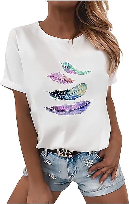BBYU Tshirt Damen Weiß Rundhals Shirts Feder Drucken Shirts Casual