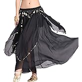 ZLTdream Belly Dance Chiffon Skirt with Gold Coins Belly Dancer Dancing Costume for Girls and Women Halloween Rave Outfits