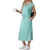 Lepunuo Women Skirt Sets 2 Piece Outfits Casual Half Zip Lapel Cap Sleeve Tops Split Maxi Skirt Airport Travel Outfits