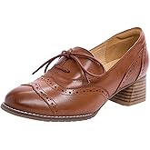 Mona flying Womens Leather 4 cm Mid Chunky Heel Wingtip Oxfords Brogue Lace up Dress Pumps Heel Office Work Shoes for Ladies