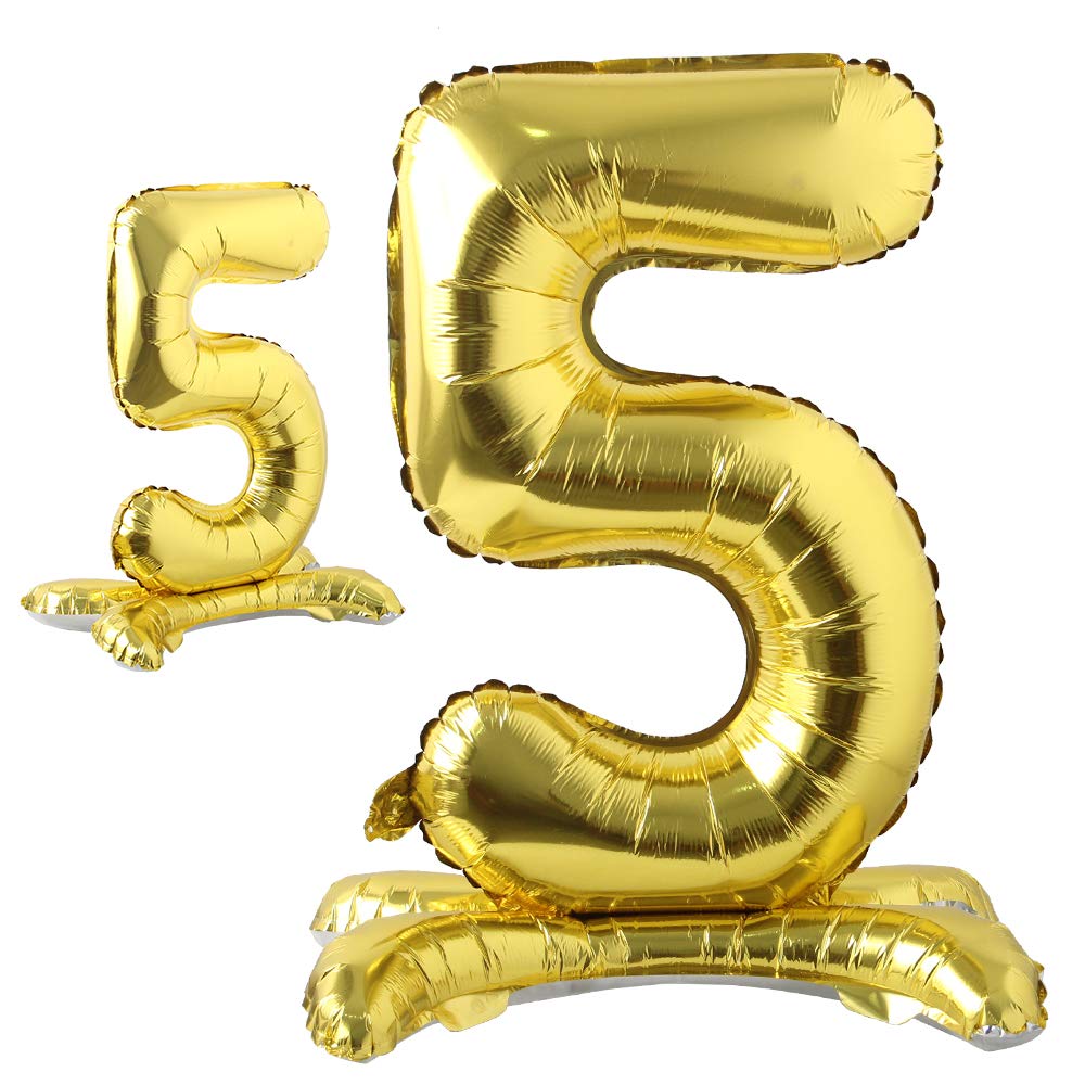 Photo 1 of Self Standing 32 Inch Number Balloons Foil Ballon Gold Digit ball Wedding Birthday Party Decoration Baby Shower Supplies (32 inch Stand Gold 5)