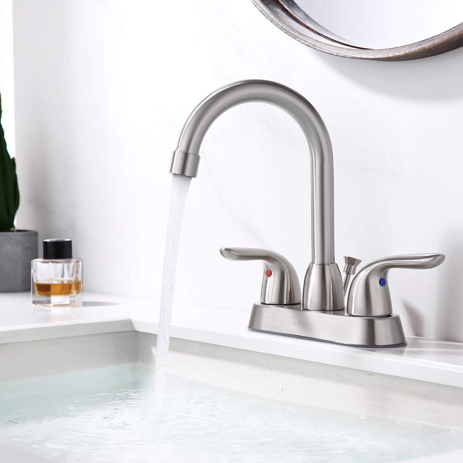 SOKA 2 Handle Bathroom Faucet Brushed Nickel, 4 Inch Brushed Nickel Bathroom Sink Faucet Centerset with Drain Assembly and Supply Hoses, RV Bathroom Faucet 3 Holes, Brushed Nickel Bathroom Faucet - - 