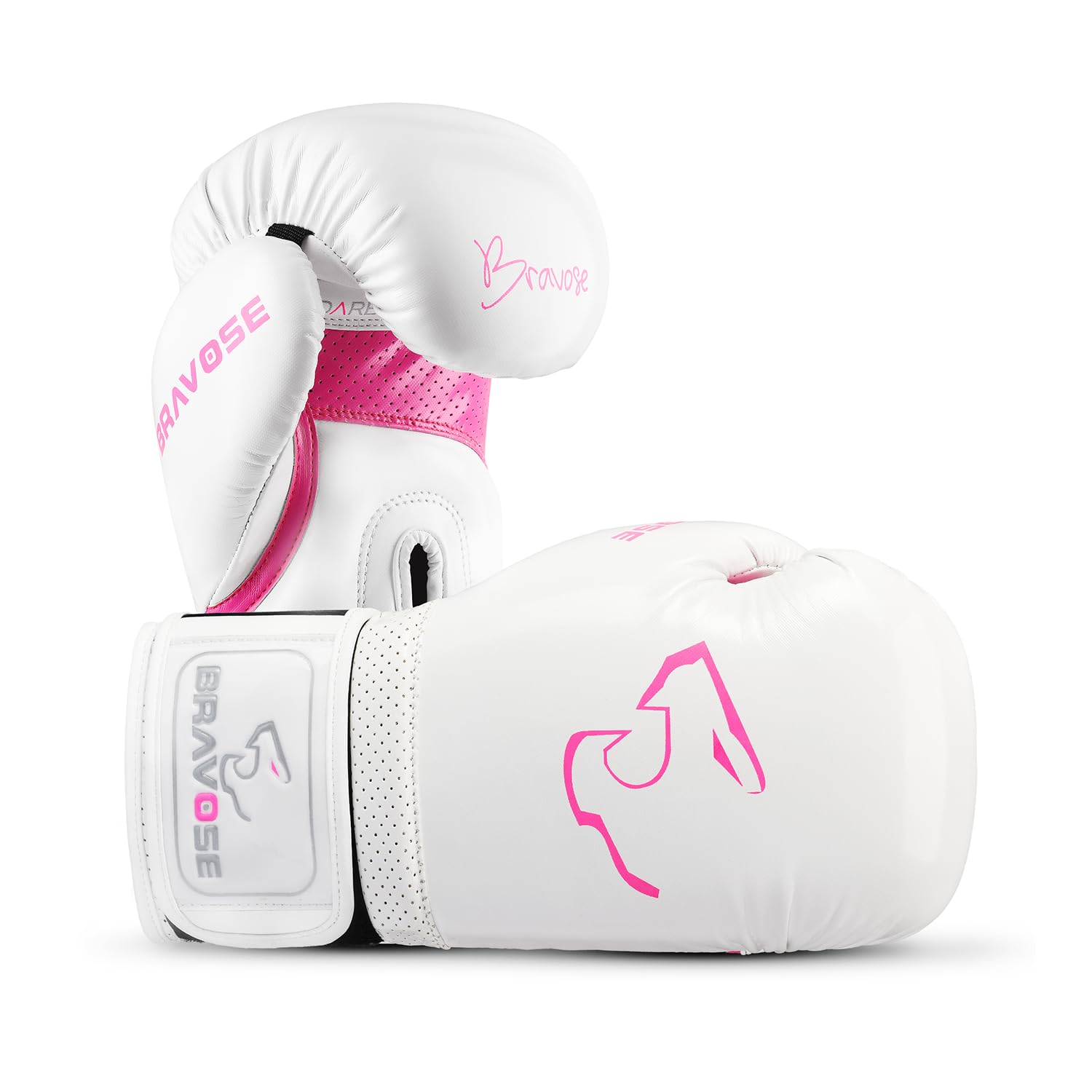 BRAVOSE Alpha Strap Boxing Gloves Mens, Women for Entry Level Boxers for Punching Bag Training & Sparring MMA Kick Boxing Muay Thai Made By Premium PU Leather Ventilated Palm (White Pink, 14 Oz)