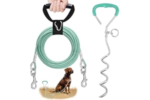 PETDREAM Reflective No-Tangle Dog Tie Out Kit,10ft Heavy-Duty 200Lbs Stake & Cable with 360° Rotating Clip,Waterproof Bite-Proof Leash for Camping/Yard (Green)