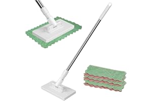 Self Clip Cloth Mop, Disposable Dust Mop with 2 Reusable Cloths, No-Wash Press Clamp Removable Flat Mop with Disposable Pads,