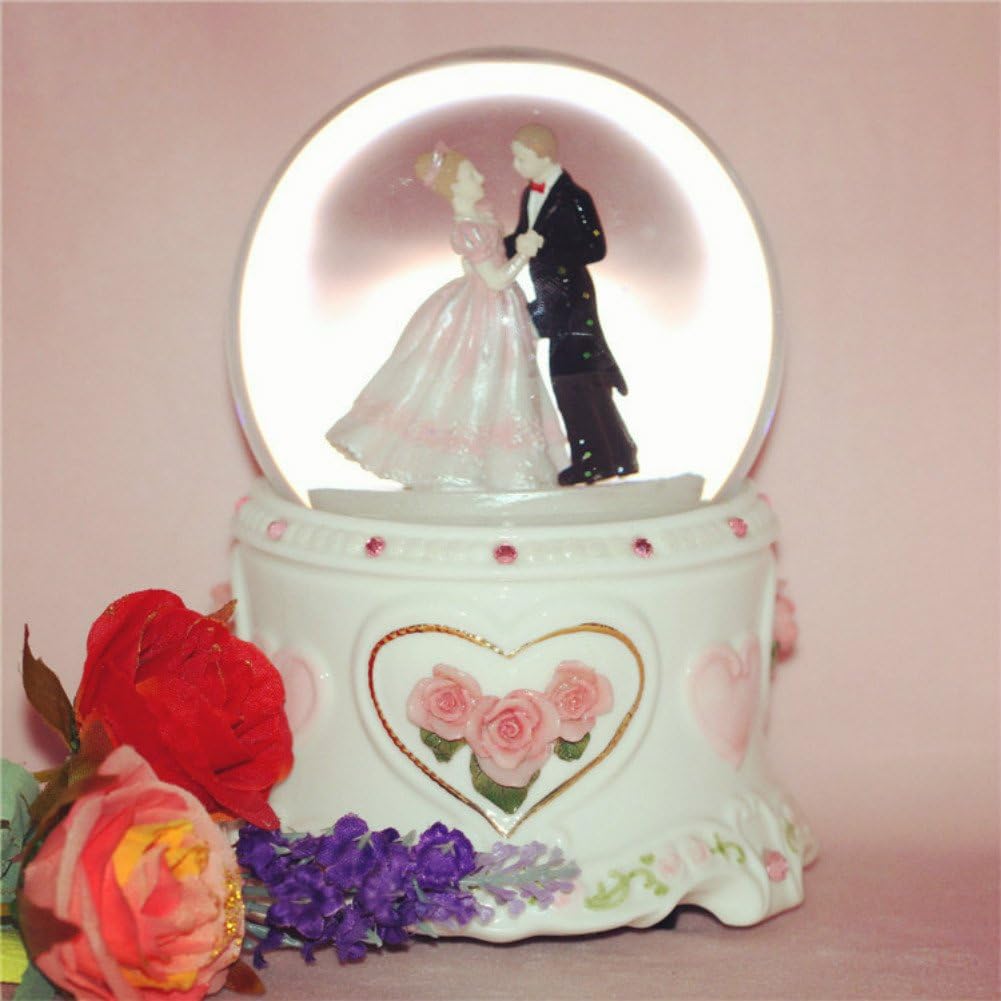 Qxmall Ceramic & Crystal Wedding Souvenir Music Box 360 Degree Rotatable Mechanism Technology-Pink