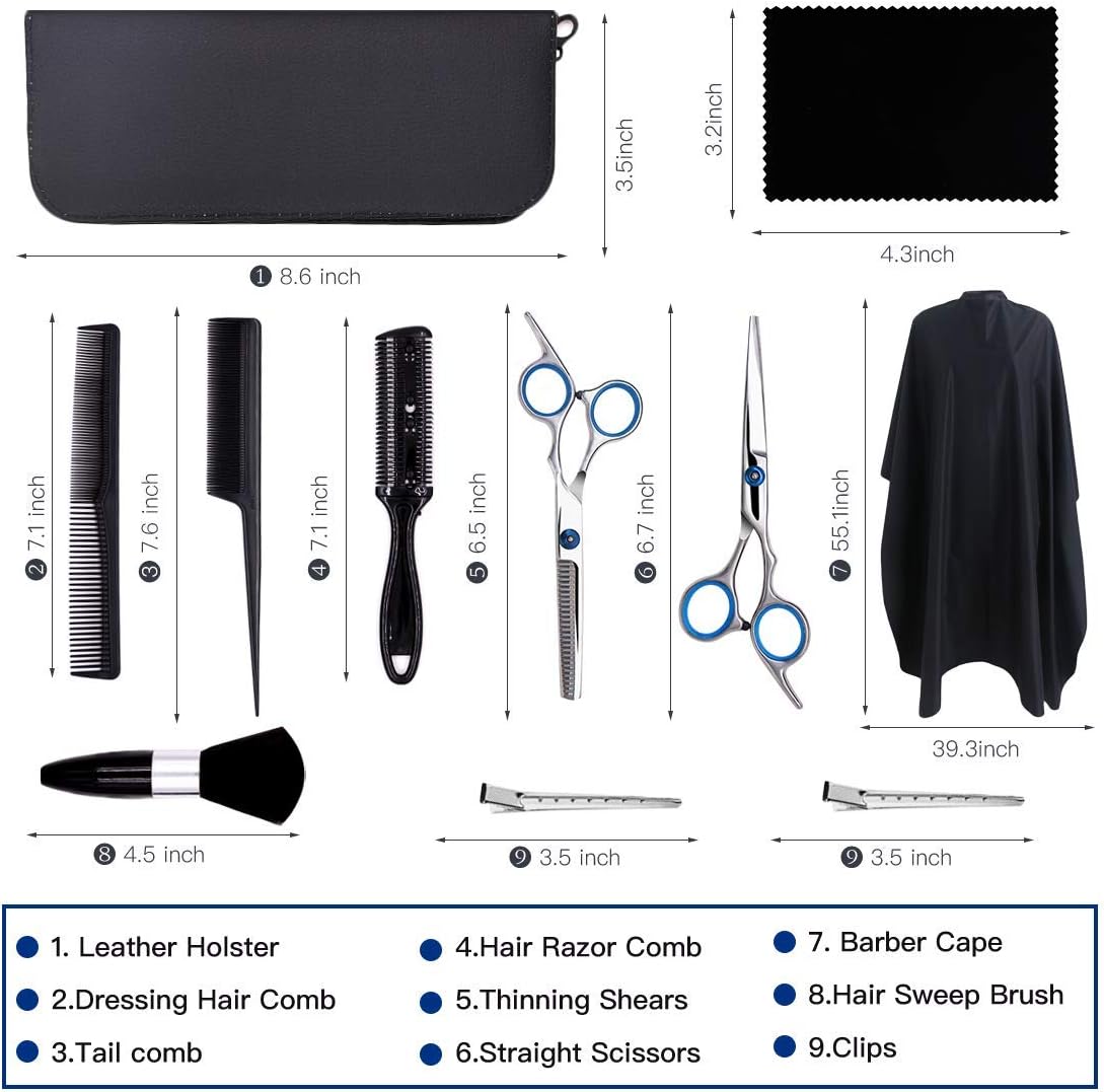 Hair Cutting Scissors Kit, Haircut scissors professional of 11 Pack,Stainless Steel Hair Cutting Thinning Shears Kit Hairdressing Barber, Clips,Barber Cape,Comb for Home,Salon,Pet Use: Home Improvement