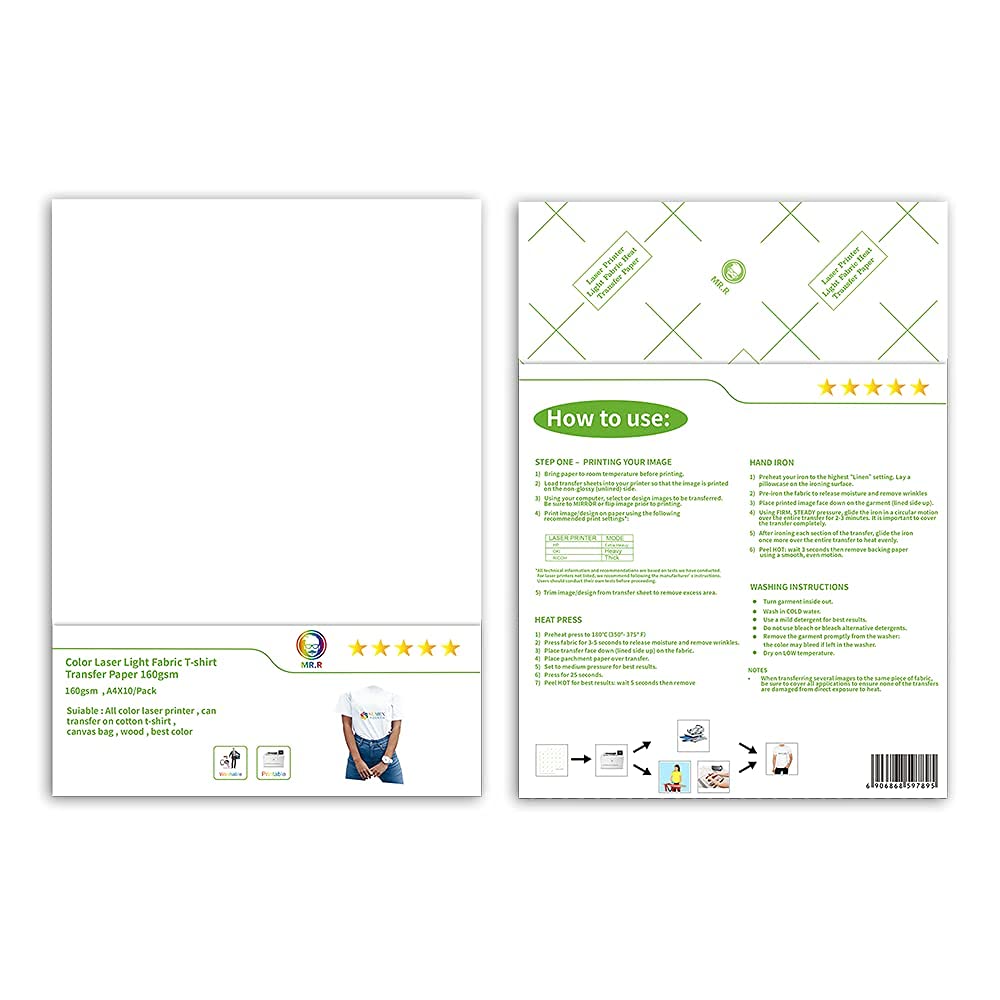 MR.R Laser Printable Heat Transfer Paper for Light Cotton T Shirt Fabric A4 210 x 297mm Pack of 10 Sheets, Made in USA