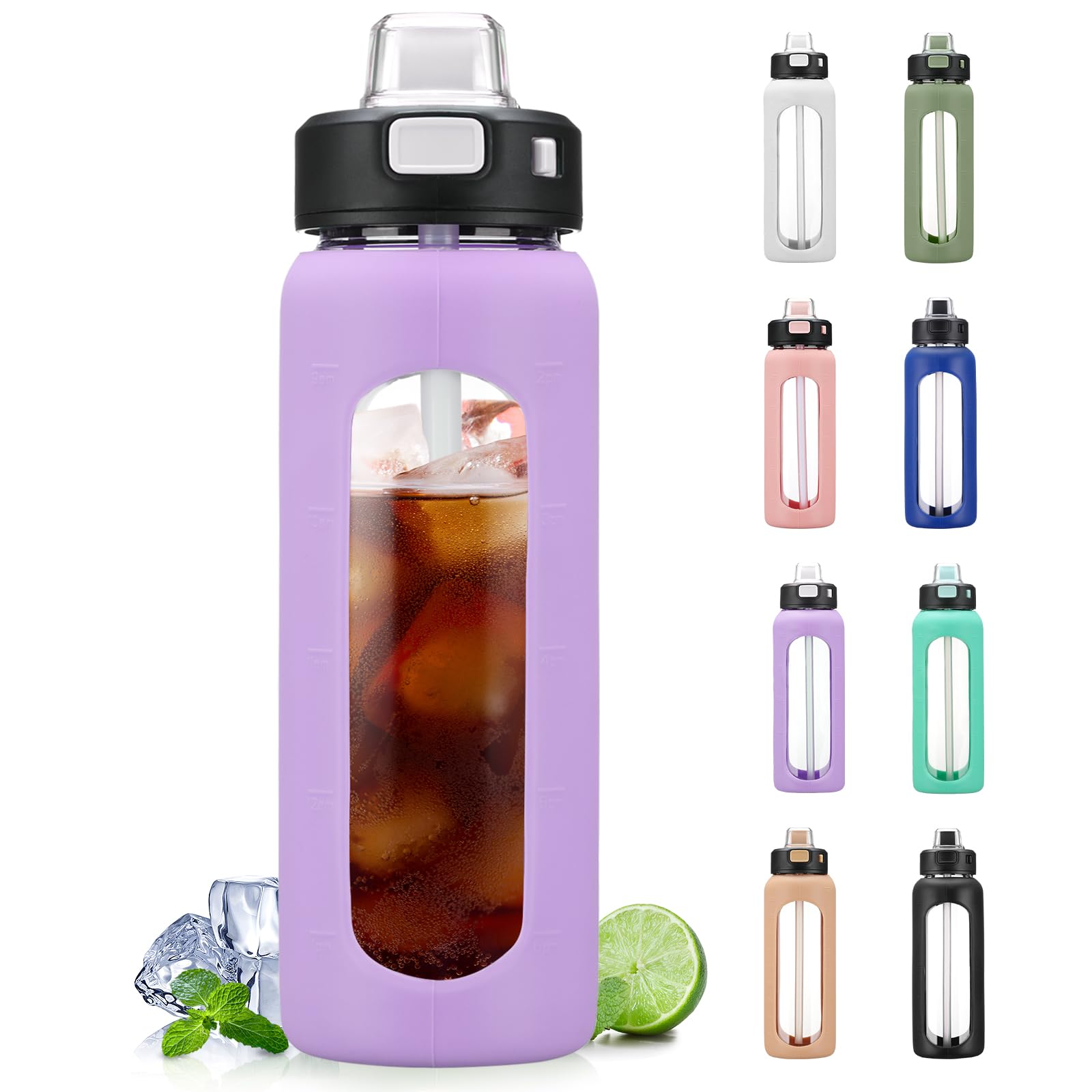 BLUEGO 700ml Glass Water Bottle with Handle and Straw Drinking Hydration Bottle with Silicone Sleeve and Time Marking Motivational Water Bottle for Gym Sports Outdoor Leak-proof,Purple