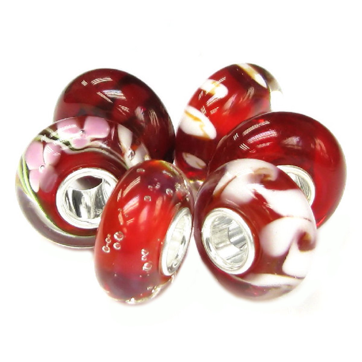 Queenberry Sterling Silver Crimson Red Flower European Style Glass Bead Charm Bundle