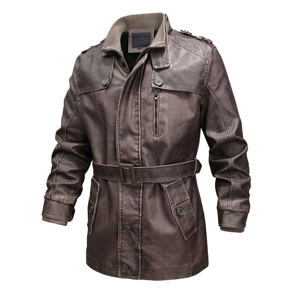Buy Men’s Retro Long Leather Trench Bomber Jacket Motorcycle Biker