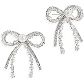 Frigotine Dainty Rhinestone Pearl Bow Stud Earrings for Woman, Statement Fashion Sterling Silver Cubic Zirconia Earing Bridal Wedding Prom Jewelry Gift