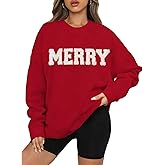 BOUTIKOME Merry Christmas Sweatshirts for Women Glitter Patch Merry Letter Shirts Chenille Patch Oversized Pullover Tops