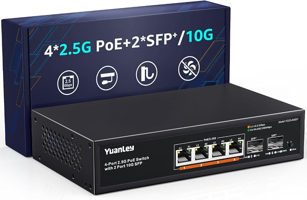 YuanLey 6 Port 2.5G PoE Switch Unmanaged 4x 2.5G PoE 2x 10G SFP 78W Fanless