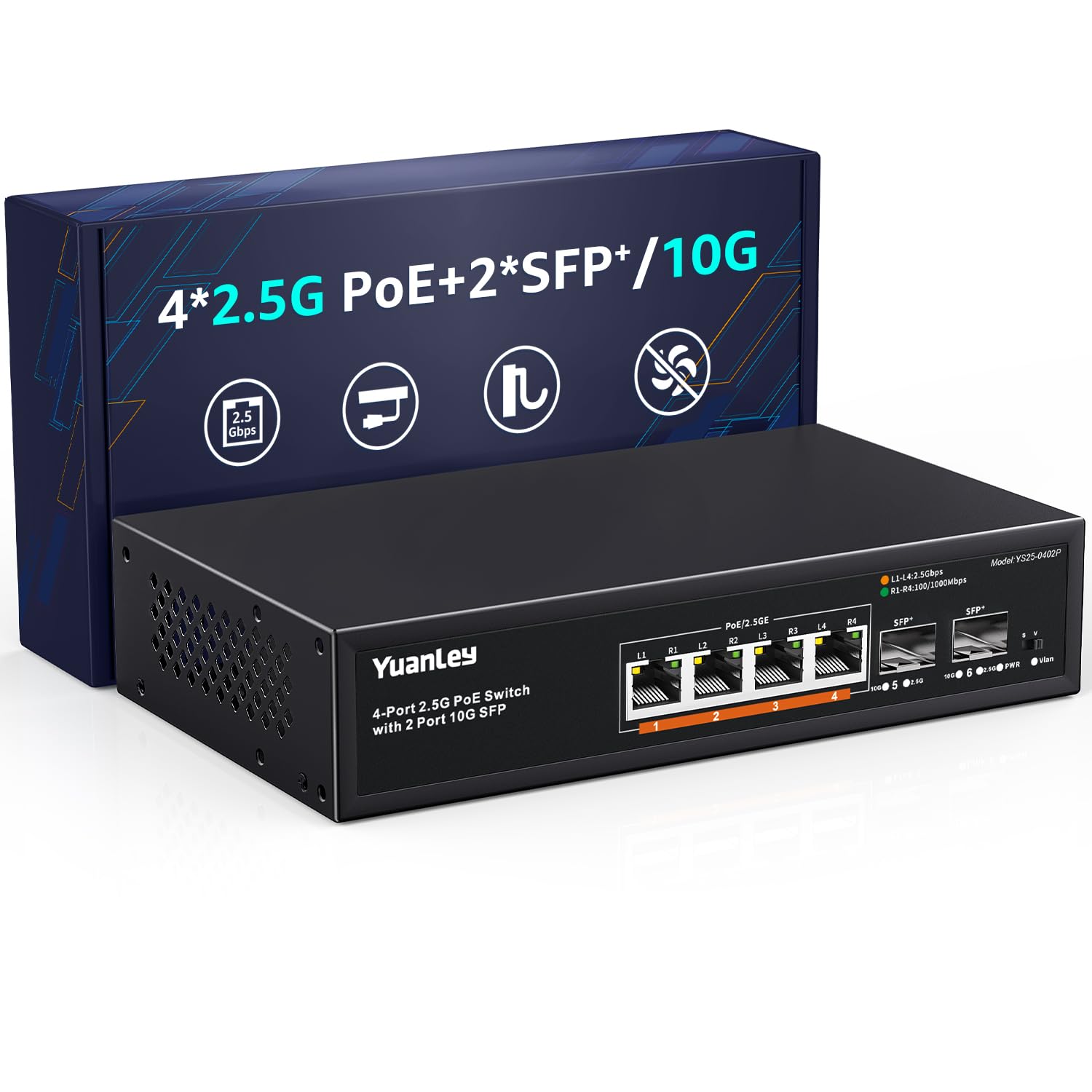 YuanLey 6 Port 2.5G PoE Switch Unmanaged, 4 x 2.5G Base-T PoE Ports, 2 x 10G SFP, IEEE802.3af/at, 78W, Compatible with 100/1000/2500Mbps, VLAN Fanless, Desktop/Wall Mount 2.5Gbe Network Switch