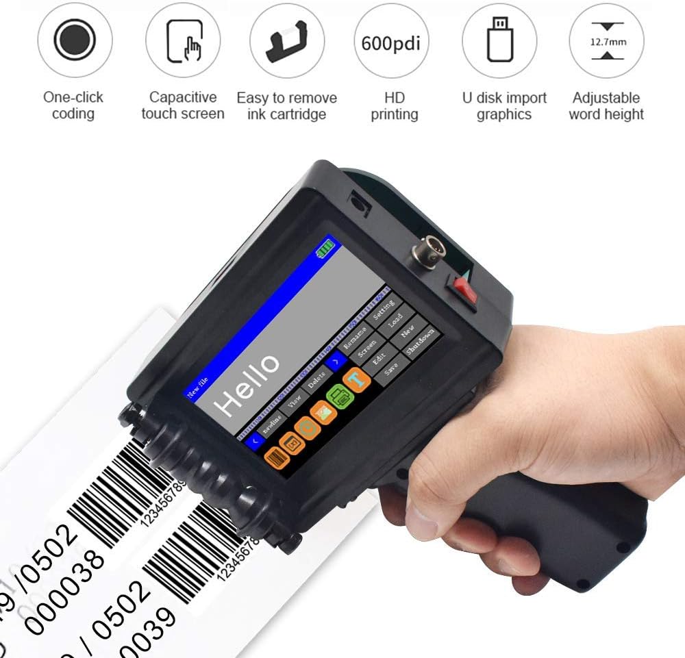 FASTTOBUY Portable Inkjet Printer Intelligent 600DPI Upgraded Handheld Jet Printer Inkjet Coding Machine Date Coder with 4.3 Inch LED Touch Screen Batch Number Logo QR Code Label Printer