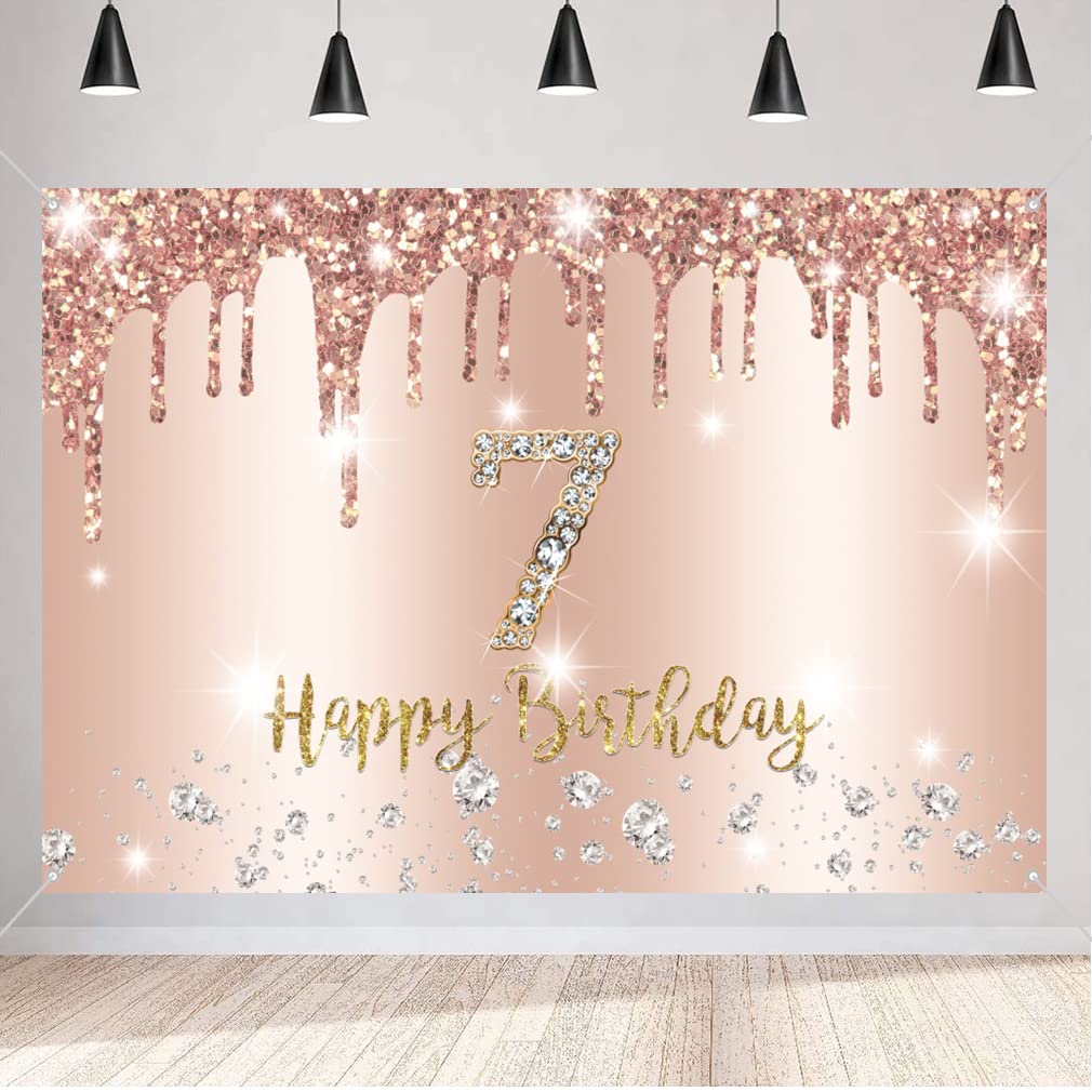 Happy 7th Birthday Decorations for Girls, Happy 7 Years Old Fabric Sign Poster Backdrop Banner Rosegold Photography Background 7th Birthday Party Supplies, 150cm x 90cm