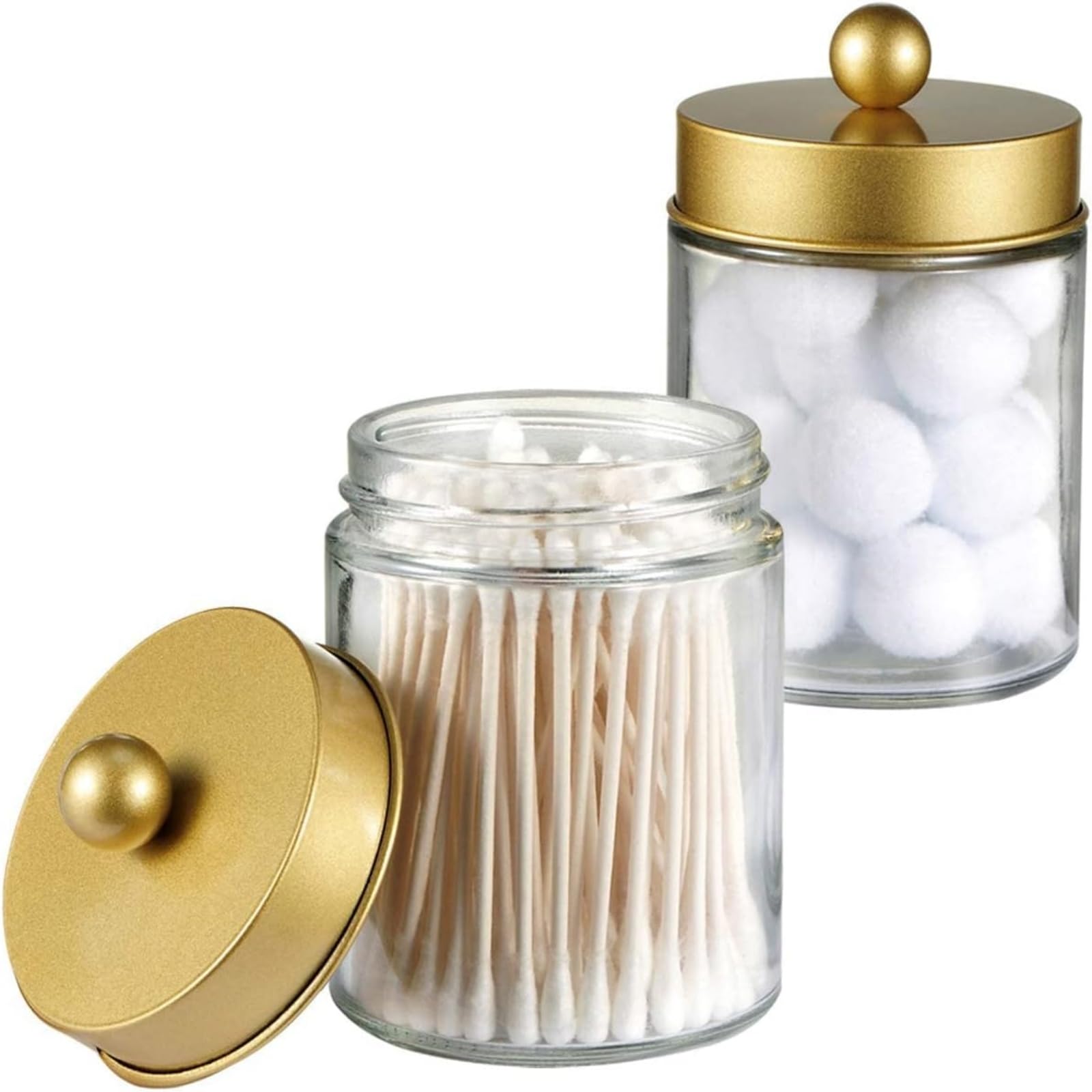 Apothecary Jars Bathroom Storage Organizer -Countertop Storage Organizer Canister Jar - Cute Qtip Dispenser Holder Glass with Lid- for Cotton Swabs,Bath Salts,Hair Band / 2-Pack(Gold)