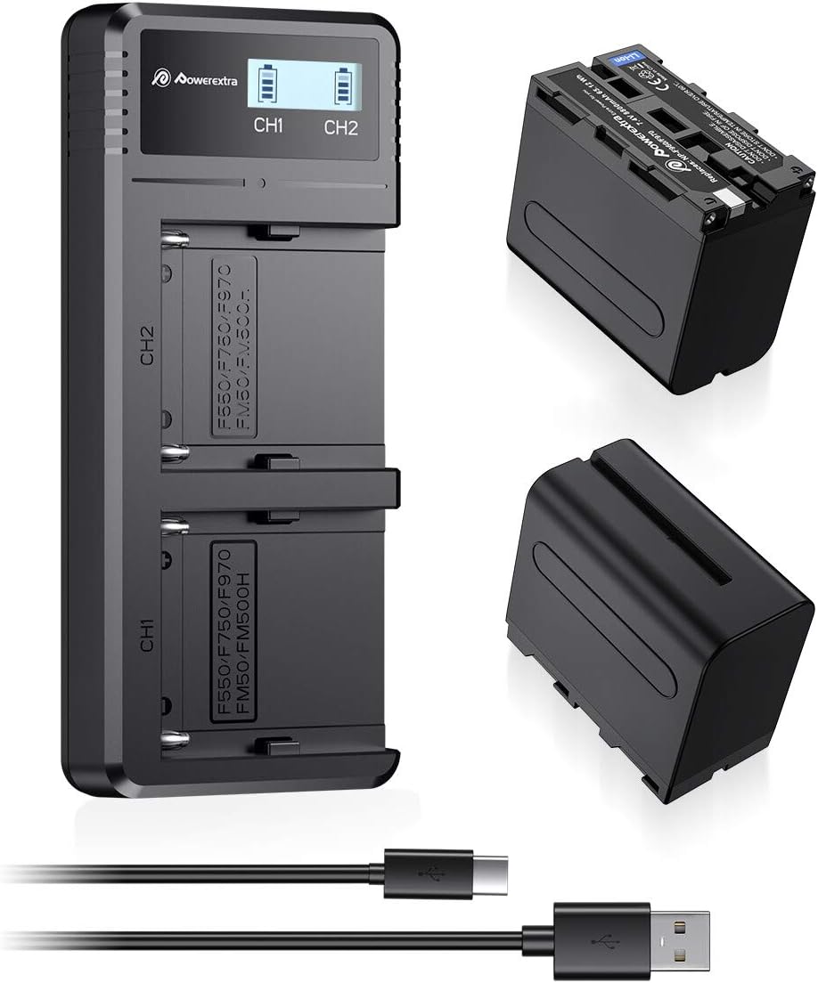 NP-F970,NP-F960,NP-F930,NP-F950,NP-F550,Powerextra 2 X 8800mAh Replacement Battery and Dual LCD Battery Charger Compatible with Sony Battery DCR-VX2100,DSR-PD150,DSR-PD170,HDR-AX2000,HDR-FX1,HDR-FX7
