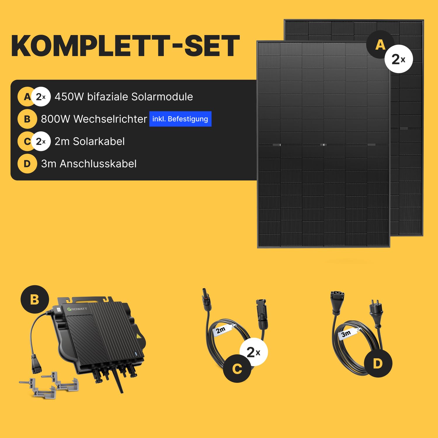 Solakon® 900W Balkonkraftwerk - Balkonkraftwerk 800W komplett Steckdose - neuester 800 Watt Wechselrichter - Solaranlage Komplettset - 450W bifaziale Solarmodule inkl. Zubehör - 3m Kabel 4