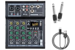 RIWORAL 4 Channel Audio Interface DJ Mixer Sound Board USB Mixer +48V Phantom Bluetooth Studio Audio Mixer For Karaoke Studio Streaming Recording (Black)