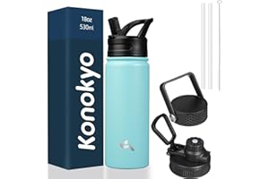 Konokyo Insulated Water Bottle with Straw,18oz 3 Lids Metal Bottles Stainless Steel Water Flask,Turquoise
