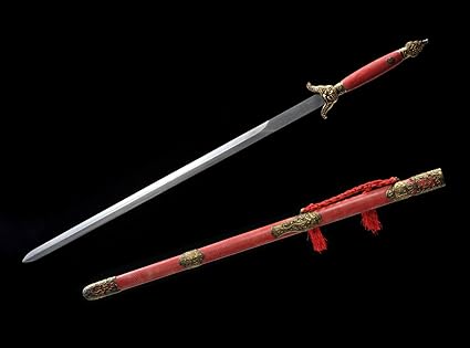 Amazon Com Chinese Sword Two Handed Swords Damascus Steel Blade Brass Fittings Red Pearl Skin Scabbard Length 42 Sports Outdoors