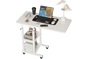 OCKYOOZ C Shaped End Table with Lockable Wheels, 26.8"-33.5" Adjustable Height Mobile Laptop Side Table w/ 2 Tier Storage She