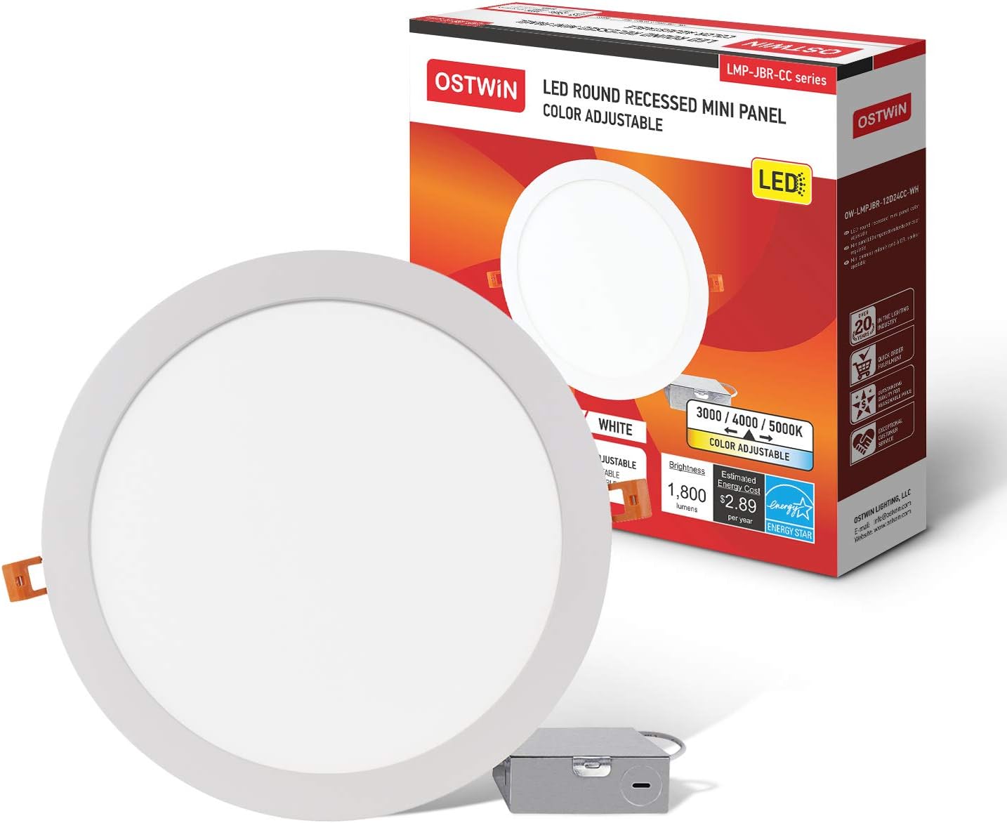 OSTWIN 12 Inch Ultra-Thin LED Recessed Ceiling Light with J-Box 24W=120Watt Eqv, Dimmable IC Rated, Color Temperature Selectable 3000K-4000K-5000K, 1800 Lm - White Finish ETL & Energy Star