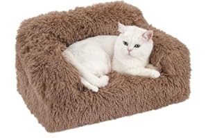 Avont Cat Couch Sofa Bed, High Supportive Foam with Soft Fluffy Machine-Washable Plush Cover and Non-Slip Bottom for Indoor Small Puppy Pet Kitty -Brown