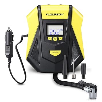 FLOUREON Tragbarer Auto Luftpumpe Elektrischer Reifen Inflator Kompressor Portable Reifenpumpe mit LCD Display 12V für Autos,