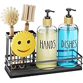 Moforoco Kitchen Dish Soap Dispenser Set, 16OZ Glass Bottle, Hand and Dish Soap Dispenser Set, Instant Dry Tray, Non-Slip Silicone Pad, Brush Holder with Sponge Holder, Kitchen Decor(Clear Bottle)