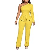 Aro Lora Womens Sexy 2 Piece Outfits One Shoulder Long Sleeve Slit Top and Pant Set Dressy Pantsuits