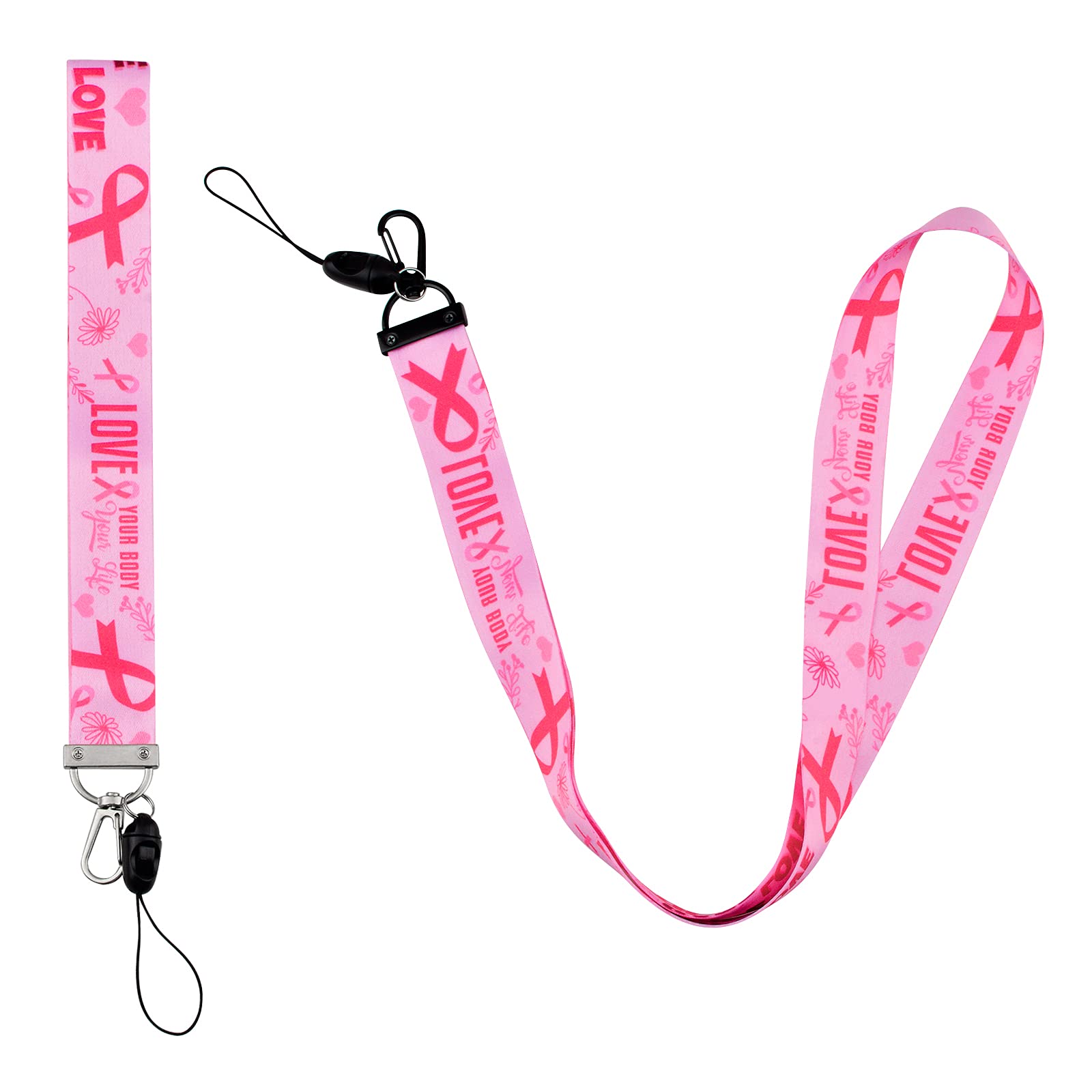 WANDIC Pink Breast Cancer Awareness Lanyards, 2 Pcs 2 Sizes Soft & Silky Pink Ribbon Neck Strap Lanyard Detachable Breakaway Buckle For Key Chain ID Badge Holder — image 1