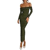 PRETTYGARDEN Womens 2026 Fall Long Sleeve Maxi Dress Off Shoulder Mesh Ruched Bodycon Trendy Long Wedding Guest Dresses