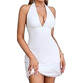 XinFSh Women's Sexy Halter Deep V Neck Bodycon Mini Dress Bow Tie Backless Party Club Going Out Short Dresses