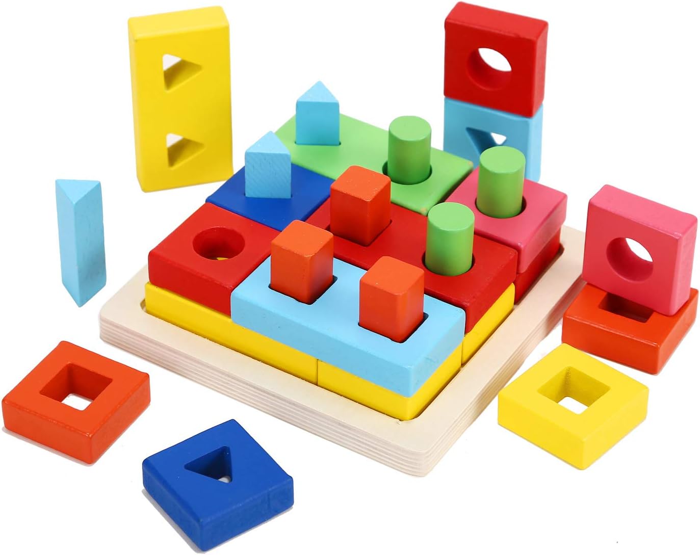 Wondertoys Preschool Wooden Shape Sorter Puzzle Geometric Blocks Stacking Games Educational Toy for 2 3 4 Years Old Toddler Gifts