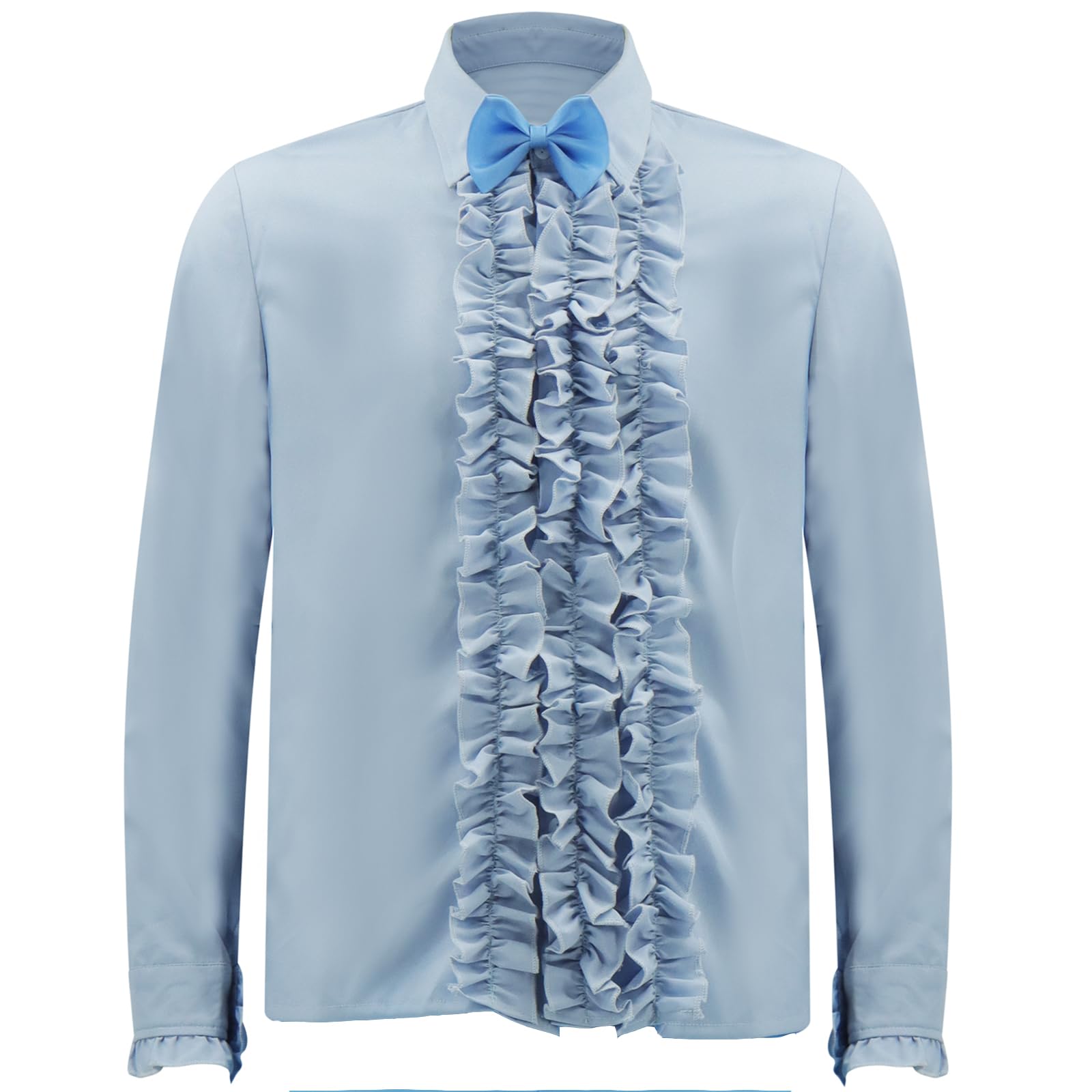 Voslett Mens Tuxedo Shirt 70s 80s Prom Dumb Ruffle Fancy Dress Bowtie Button Down Halloween Party Dumber Costume Blue L