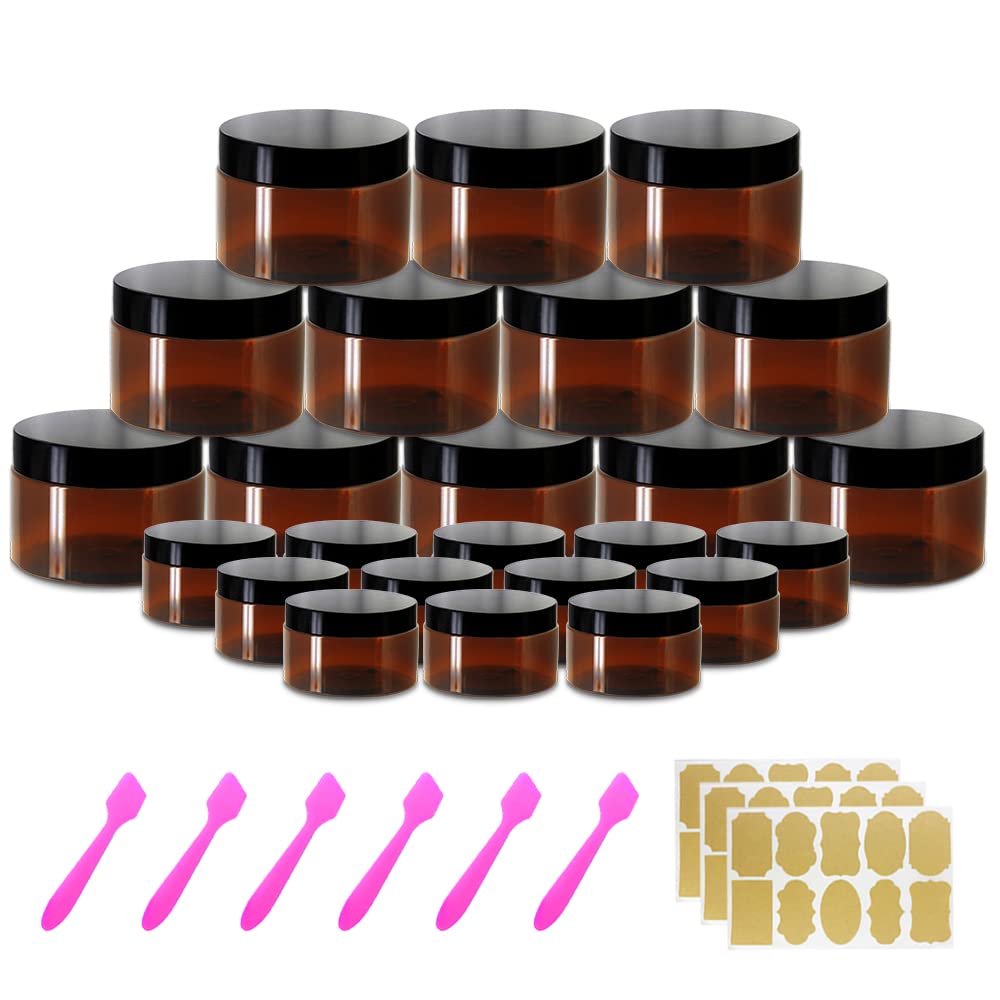 4oz Plastic Jars with Lids 4 oz Amber Plastic Containers with Lids + 20g Sample Containers (Set of 24) Airtight Container for Lip Scrub, Body Butters, Cream, Slime, Craft Storage