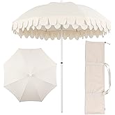 JONATHAN Y UMB1004C Horizon 6.5 ft. Classic MidCentury Scalloped Fringe Market Beach Umbrella with Push-Button Tilt, Wind Vent and UV Protection, and Matching Carry Bag in Cream/White, White Pole