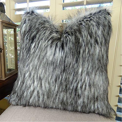 Thomas Collection Exotic Siberian Husky Faux Faur Throw Pillow, Gray White Black Husky Fur, Gray Faux Fur Throw Pillow, Luxury Soft Faux Fur, COVER ONLY, NO INSERT, Made in America, 17411