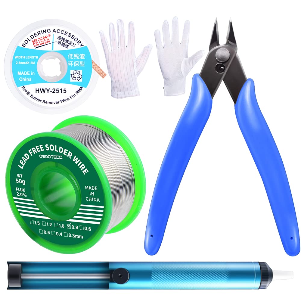 owootecc Solder Sucker Desoldering Pump,Desoldering Wick,Micro Shear Wire Cutter Pliers,4 PCS Solder Removal Tool Set,Soldering Iron Assist Accessories DIY Kit