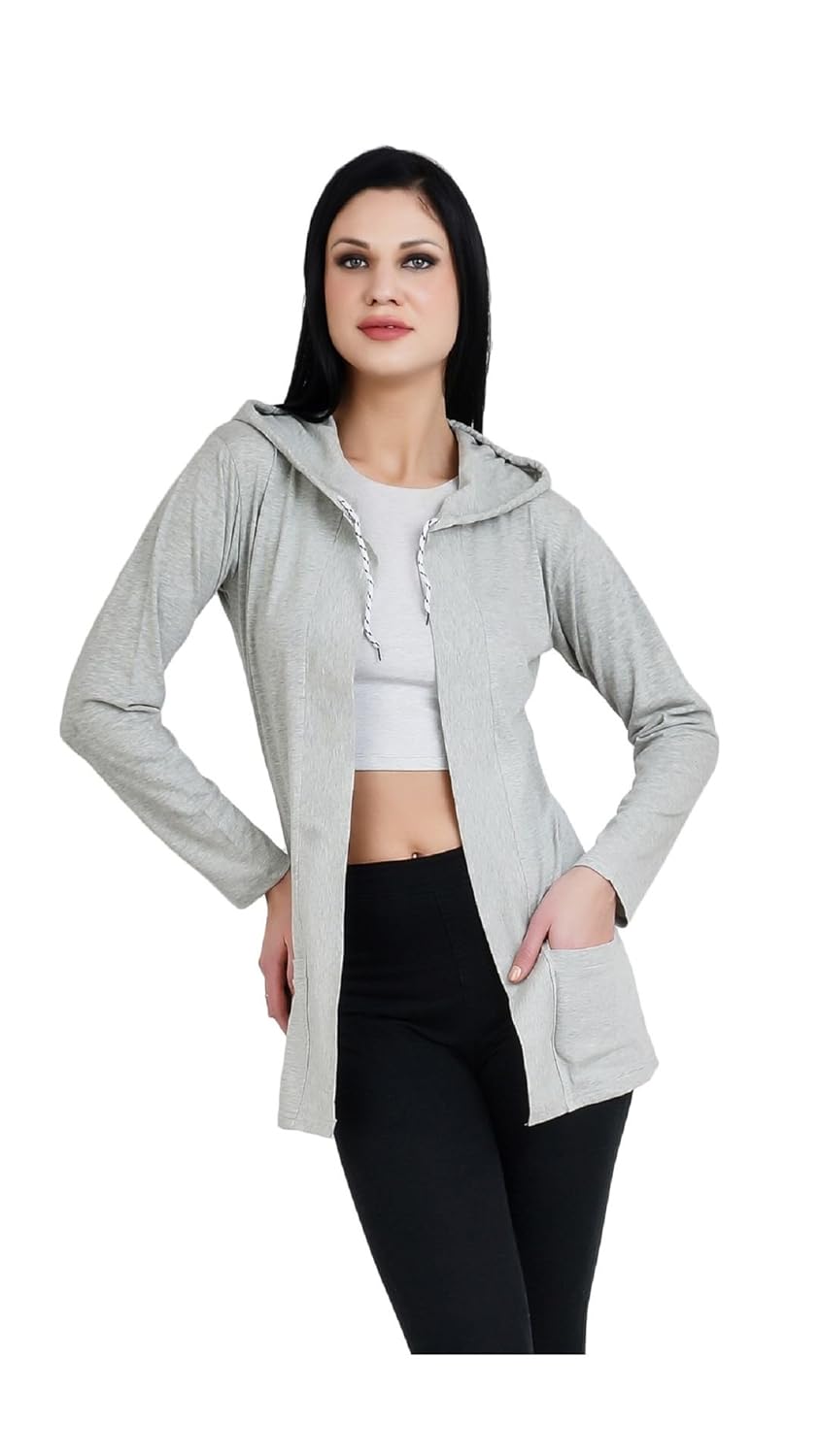 bfly women fullsleeve hooded pocket viscose shrug-(grey)